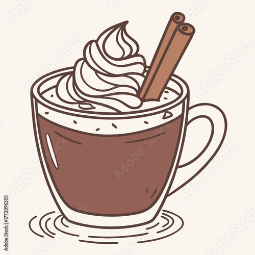 A cup of hot chocolate with whipped cream and cinnamon stick illustration