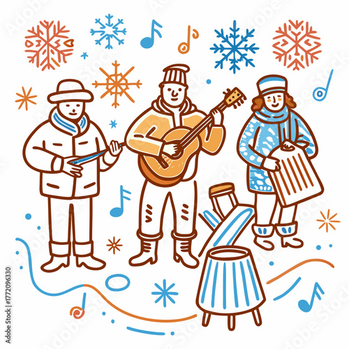 A group of musicians play music in the winter