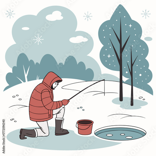 A man ice fishing in the winter