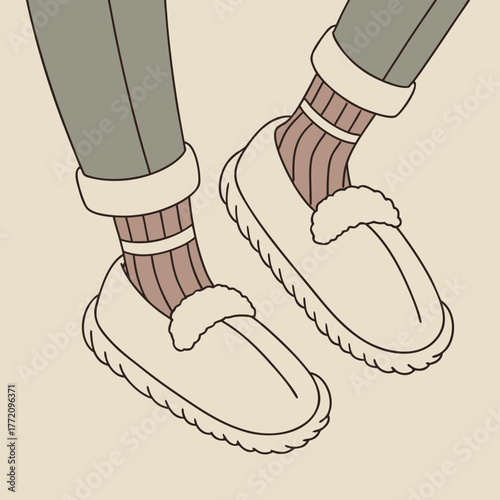 Cozy slippers and socks on a persons feet, perfect for relaxing at home