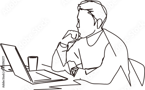 パソコンの前で悩む男性の線画イラスト素材