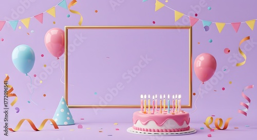 Happy Birthday Celebration Setup with Cake, Balloons, Confetti, and Bunting