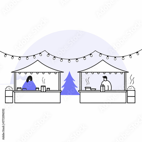 Winter market with food stalls and string lights