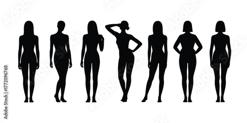 Diverse female silhouettes standing in various poses figures women