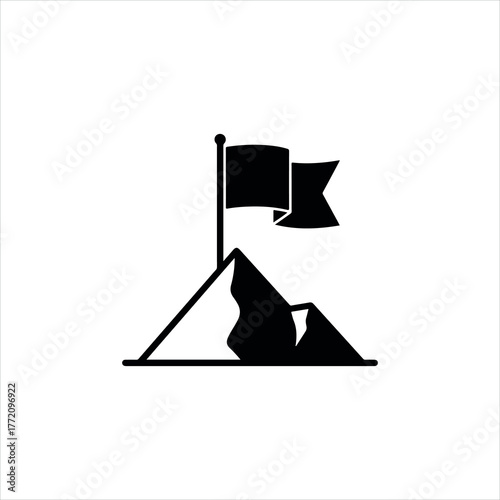 Vector black and white silhouette of a flag on a mountain peak, symbolizing achievement and success