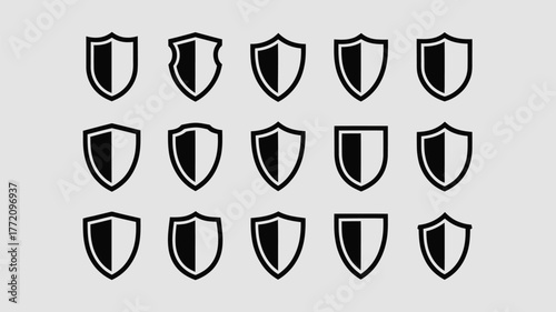 Diverse shield emblems in black and white crest heraldry