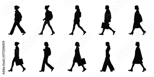 Diverse silhouettes of people walking with briefcases and backpacks business