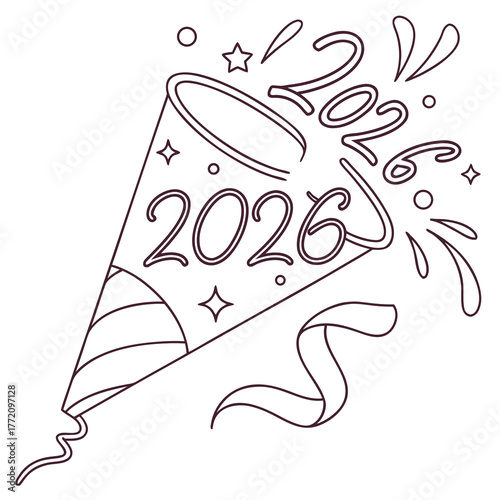 Exploding party popper with 2026 numbers and confetti