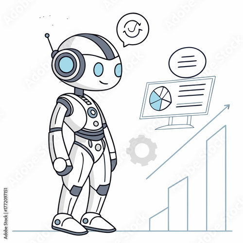 Friendly robot with computer and growth chart artificial intelligence