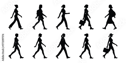 Diverse women walking silhouettes figures