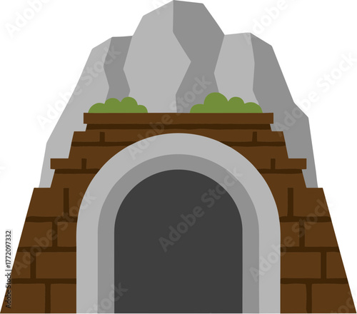 Flat Graphic Brick Tunnel Entrance with Rock Formation and Bushes Illustration