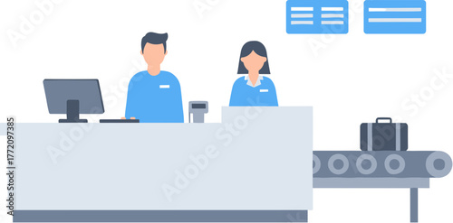 Flat Style Airport Check In Illustration with Luggage on Conveyor Belt