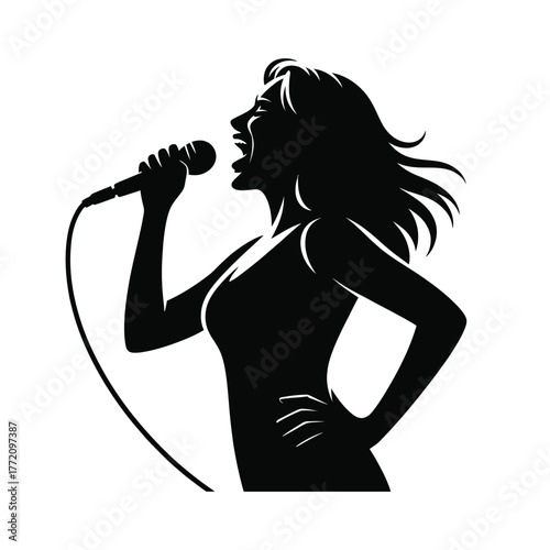 Dynamic black silhouette of a woman singing passionately into a microphone music performance