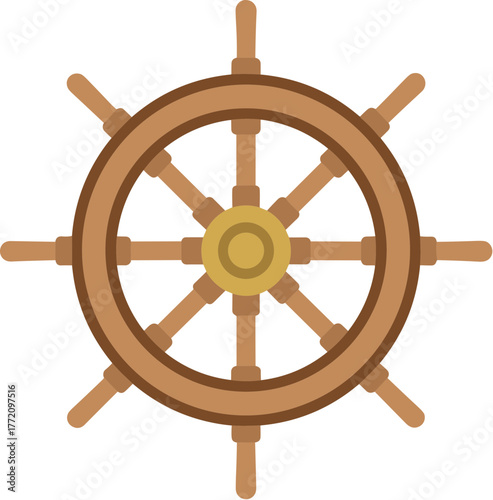 Flat Design Wooden Ship Wheel Steering Symbol Nautical Transportation Icon
