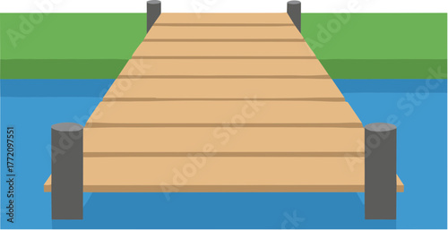 Simple Flat Illustration Wooden Pier Dock over Water Landscape Scene