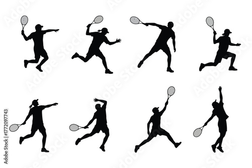Eight black tennis players in dynamic action poses silhouettes sport