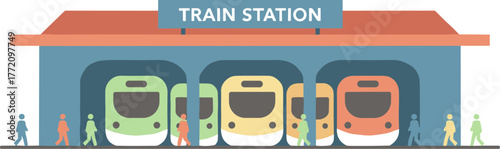 Flat Style Detailed Train Station with Passenger Illustration Graphic Element