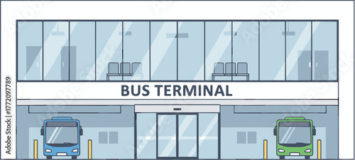 Modern Flat Bus Terminal Station Building with Glass Facade Illustration