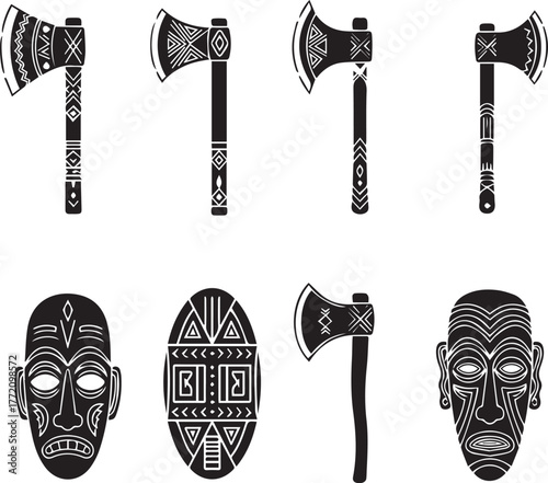 Cultural Artifacts: A collection of intricately decorated axes and masks in a stark, artistic display, each element a testament to cultural heritage and craftsmanship.
