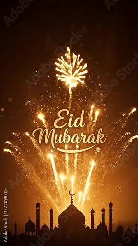 Golden Eid Mubarak Fireworks Celebration Over Mosque Silhouette