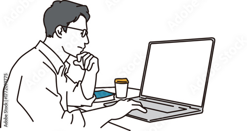 パソコンの前で悩むメガネの男性のイラスト素材