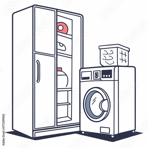 Open cabinet with laundry basket and washing machine