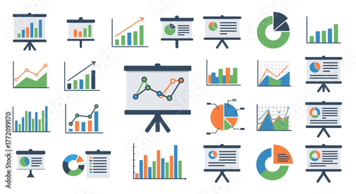 Colorful Data Presentation Graphics on Projector Screens and Charts Collection