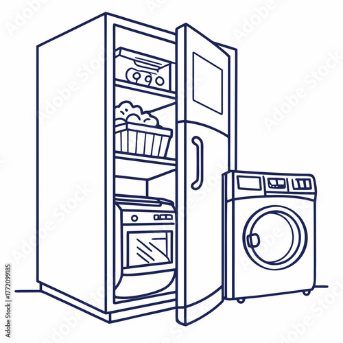 Open refrigerator with laundry basket and washing machine