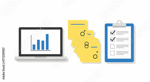 Digital Task Management: Laptop Data ClipBoard Sticky Notes