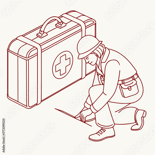 Red line art medic with first aid kit on beige background