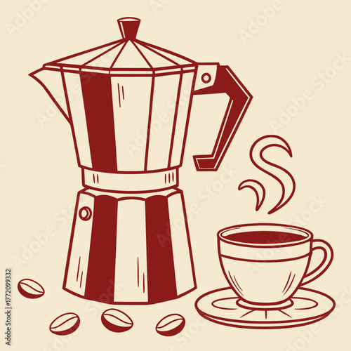 Red moka pot coffee cup and beans illustration coffee beans