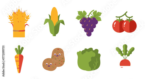 Diverse Harvest Fruits and Vegetables Fresh Food Icons