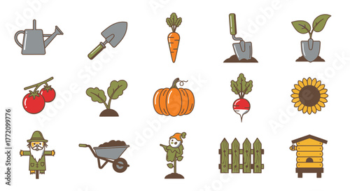 Gardening icons set with tools vegetables and cartoon scarecrows vector illustration