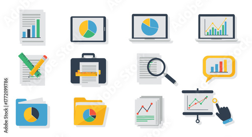 Flat design data analysis graphs charts diagrams set for business analysis