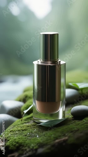 metallic foundation bottle on a moss patch with tiny stones and leaves around