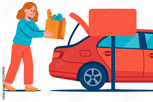 Woman unloading groceries from shopping bag into car trunk curbside pickup