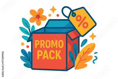 Promotional package with discount tag and colorful floral design promo pack