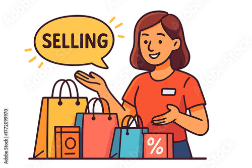 Young woman selling products with shopping bags and speech bubble execute flawlessly