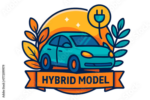 Hybrid car illustration with electric plug and green leaves design hybrid model