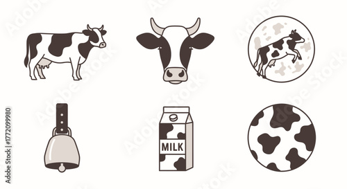 Dairy Farm Icons Set Illustration with Cow Breed Milk and Accessories