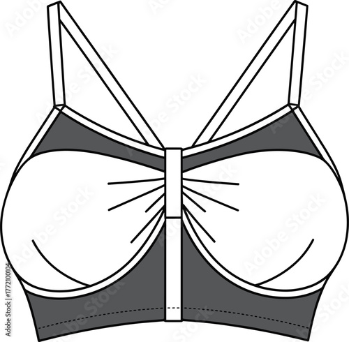 Modern stylish women’s bralette technical flat sketch design, fashion lingerie illustration, sports bra pattern, apparel template, garment construction drawing, vector outline