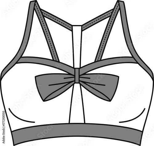 Fashion flat sketch bralette design, decorative bow front sports bra, strappy back lingerie, technical apparel drawing, clothing vector illustration template