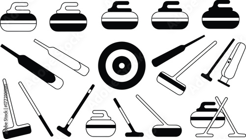 Curling sport equipment silhouette set, curling stones and brooms icons, winter sports target illustration, competitive ice game tools, isolated graphic