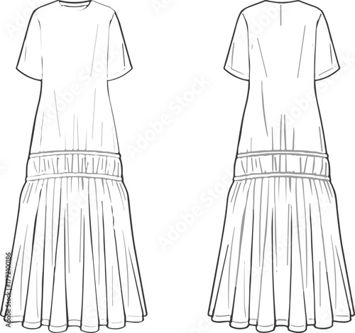 Technical fashion illustration, dress design front and back view, gathered skirt, dropped waist, line art, garment construction, fashion sketch