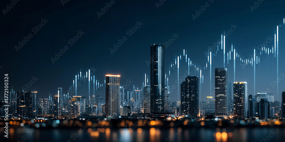 Naklejka premium Investment trends in private equity a financial landscape overview in urban settings nighttime aesthetic data-driven insights