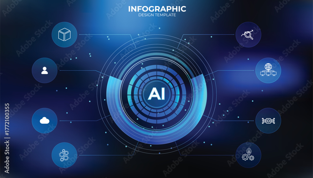 Obraz premium Glassmorphism Infographic template for process flow diagram AI- Tech background. Flat infographic design with thin lines for website or data presentation. 6 Buttons choice. UI UX, liquid glass