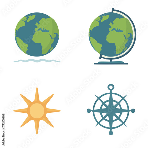 A set of four travel and geography icons: Earth, a globe, the sun, and a compass rose vector