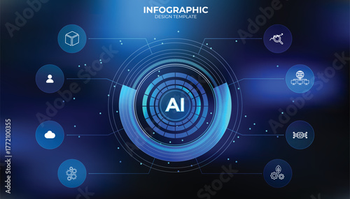 Glassmorphism Infographic template for process flow diagram AI- Tech background. Flat infographic design with thin lines for website or data presentation. 6 Buttons choice. UI UX, liquid glass