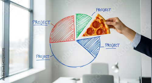 Clever businessman uses pizza slice to represent a project's share in a colorful pie chart diagram on a whiteboard, symbolizing resource allocation and business strategy.