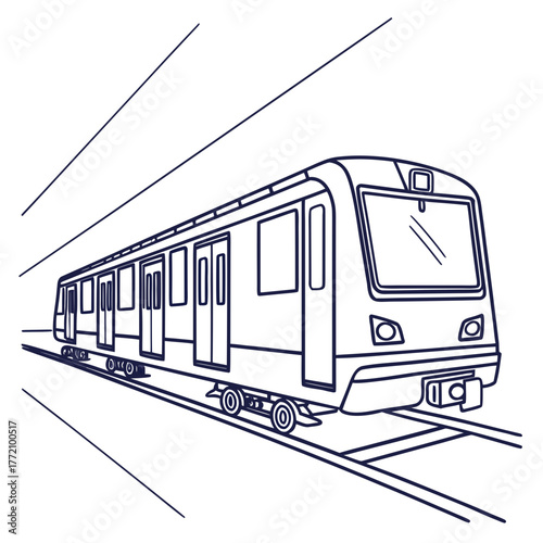 Subway train on tracks in perspective line art public transport